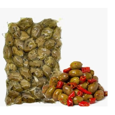Crushed Calabrian seasoned green olives in a 500 g bag