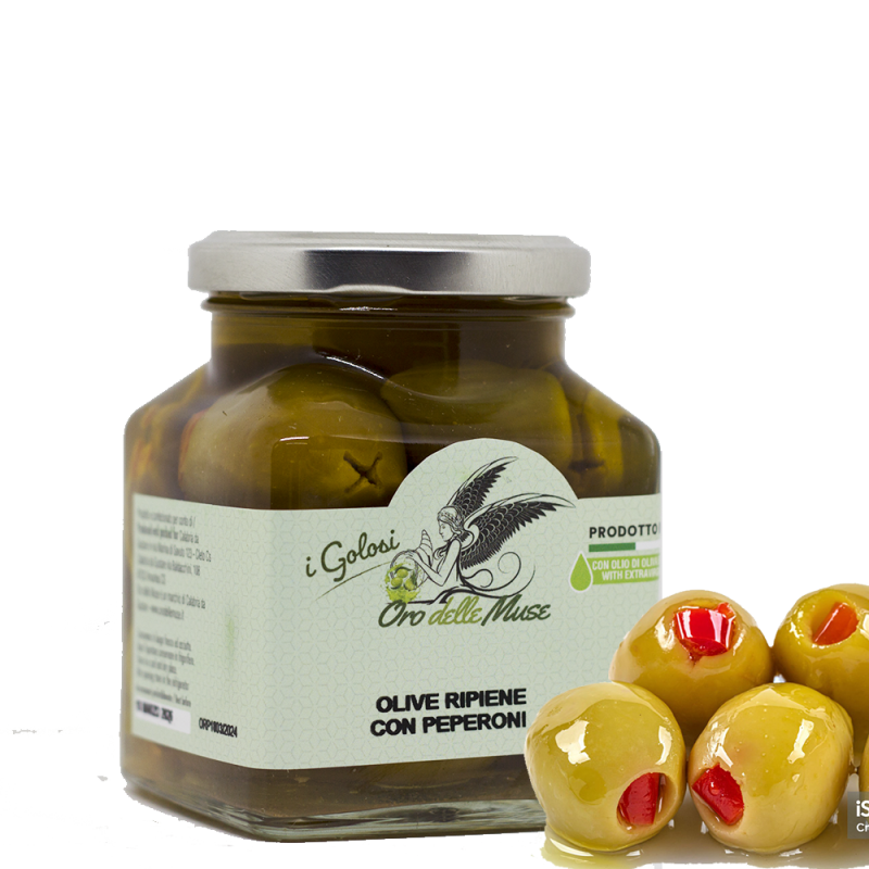 Aceitunas rellenas de pimientos en aceite de oliva virgen extra I Golosi